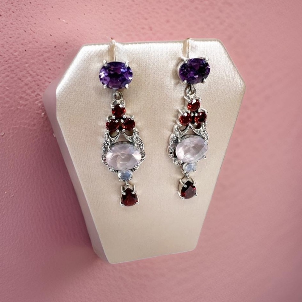🌟NICKY BUTLER 925 Sterling Silver Rose Quartz Garnet Moonstone Drop Earr… - Picture 10 of 11